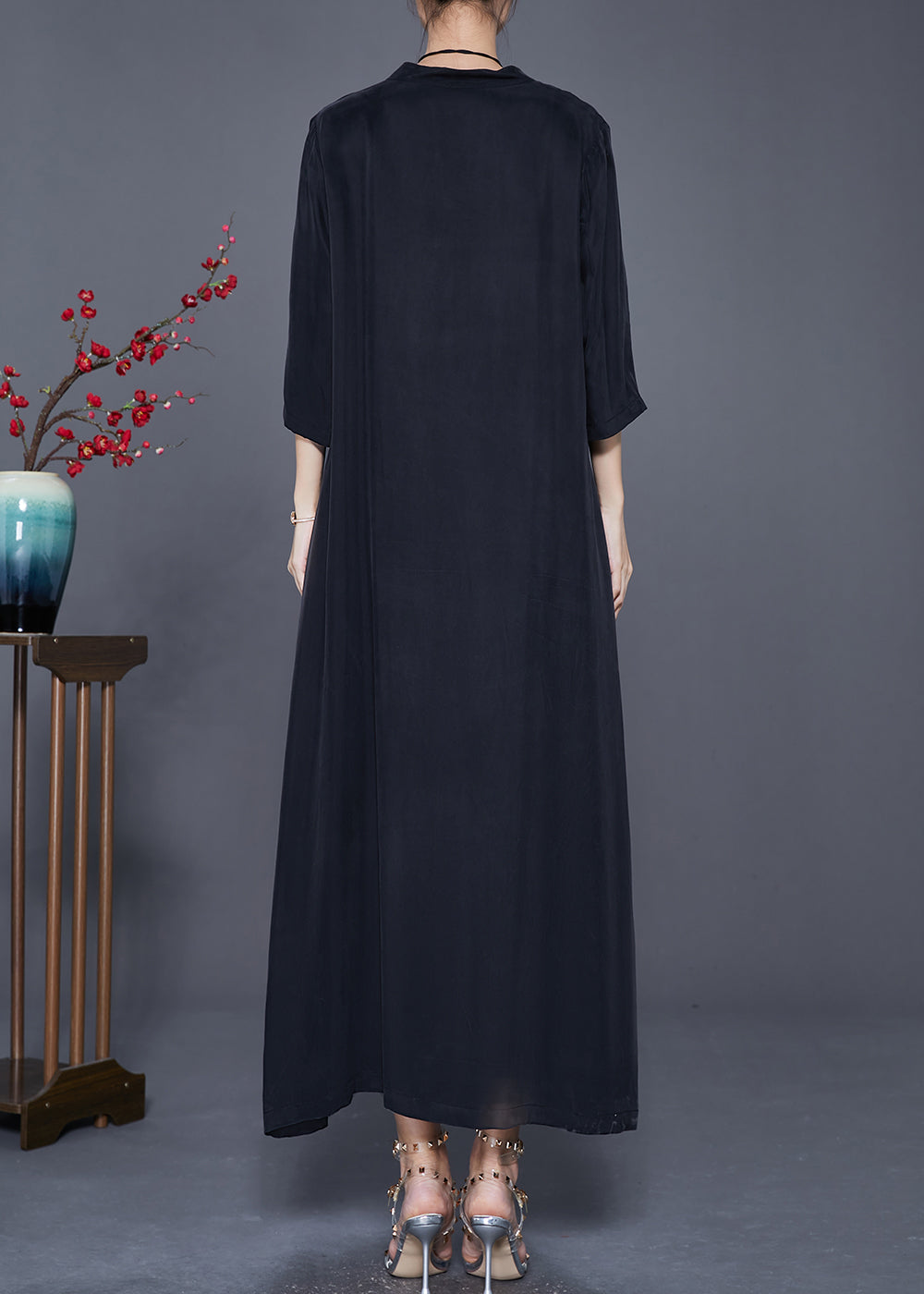 Black V Neck Side Open Silk Dresses Bracelet Sleeve