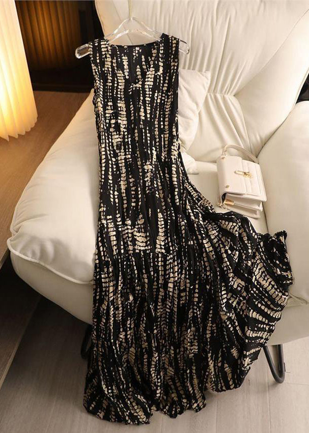 Black V Neck Wrinkled Cotton Long Dress Sleeveless