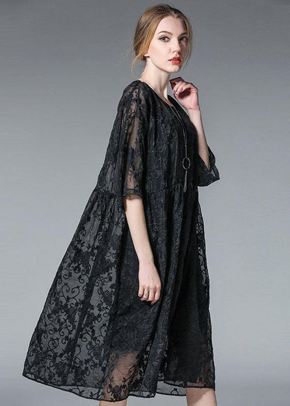 Black Wrinkled Hollow Out Summer Dress