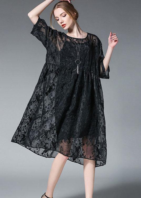Black Wrinkled Hollow Out Summer Dress