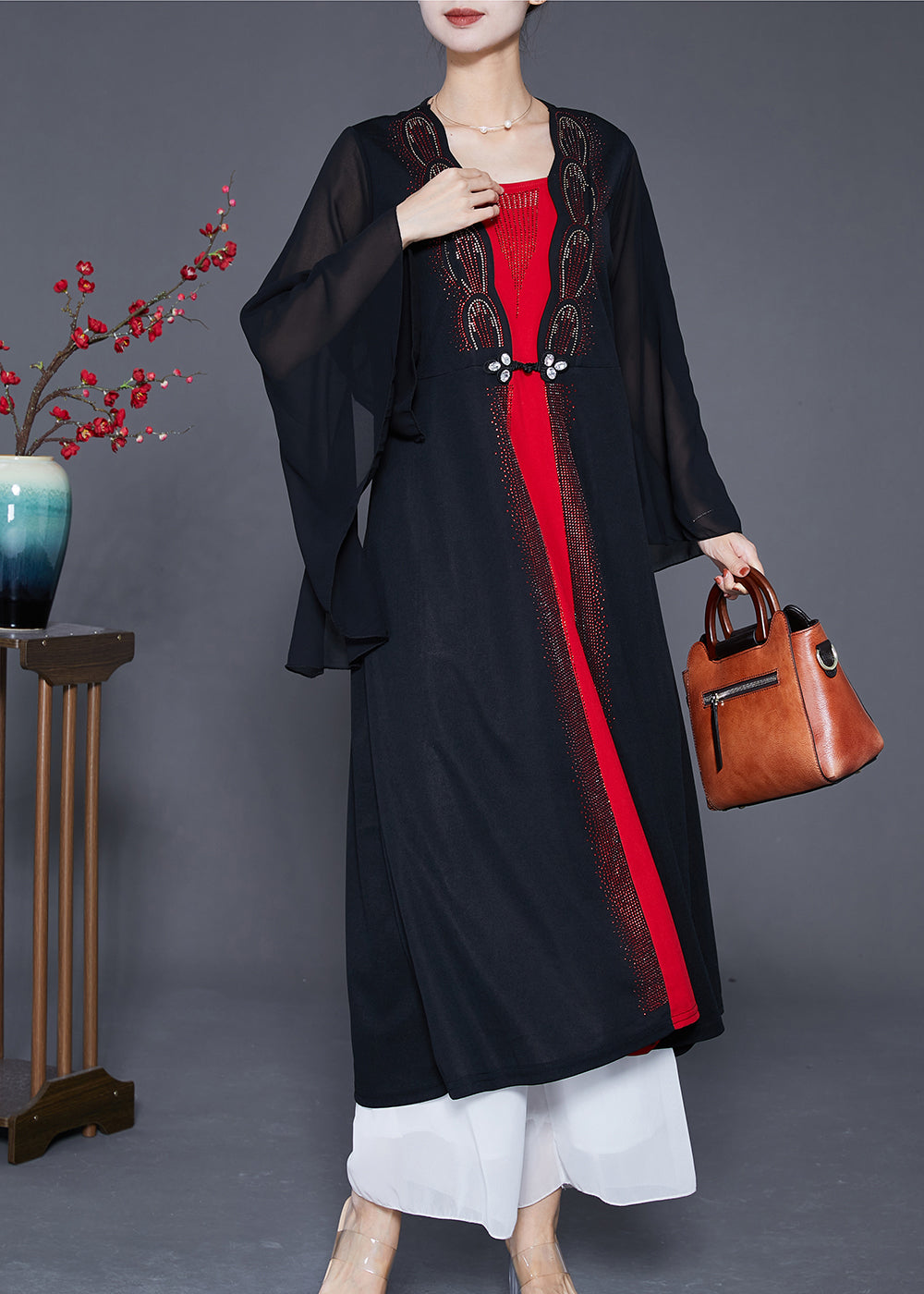 Black Zircon Patchwork Chiffon Fake Two Piece Dress Cloak Sleeves