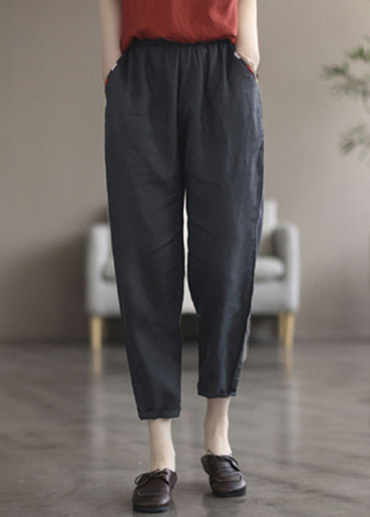 Black Tpatchwork Elastic Waist Linen Crop Pants