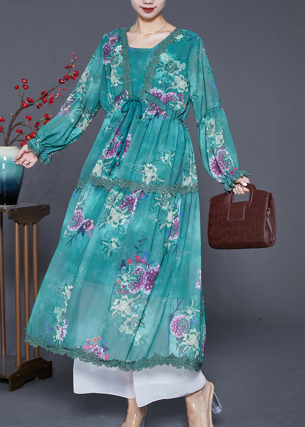 Blackish Green Cinched Patchwork Exra Large Hem Chiffon Beach Dress Summer