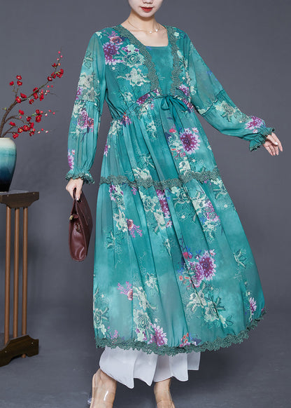 Blackish Green Cinched Patchwork Exra Large Hem Chiffon Beach Dress Summer