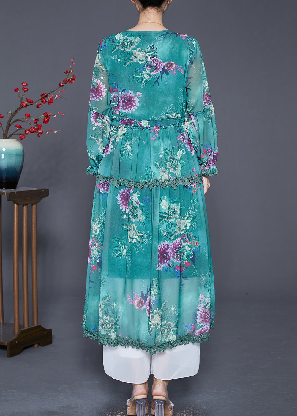 Blackish Green Cinched Patchwork Exra Large Hem Chiffon Beach Dress Summer