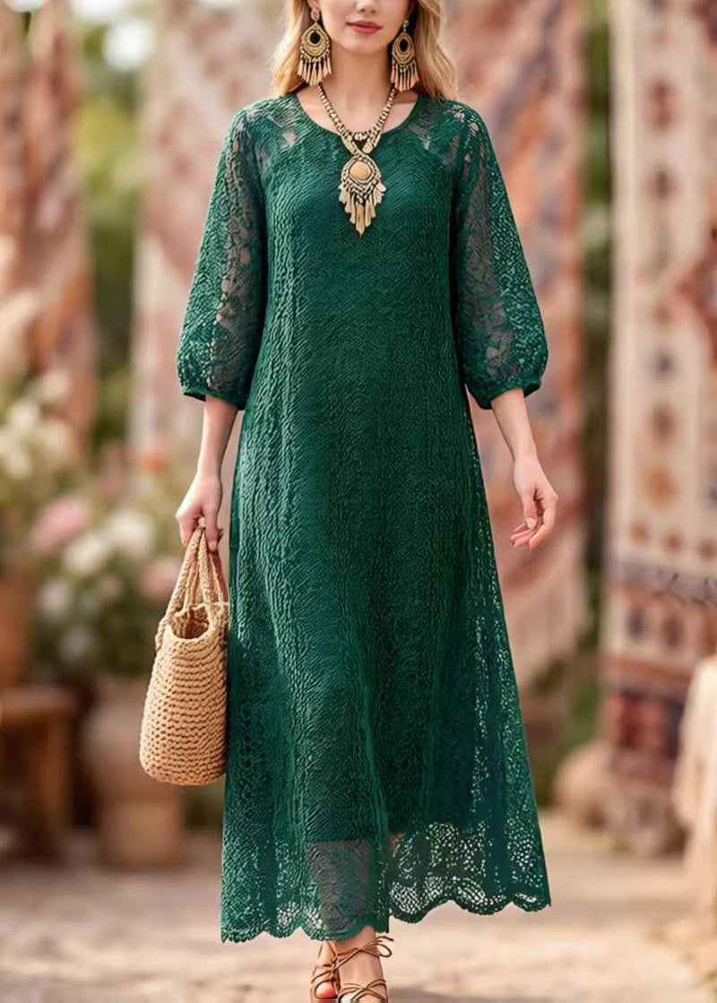 Blackish Green O Neck Hollow Out Lace Dresses Summer