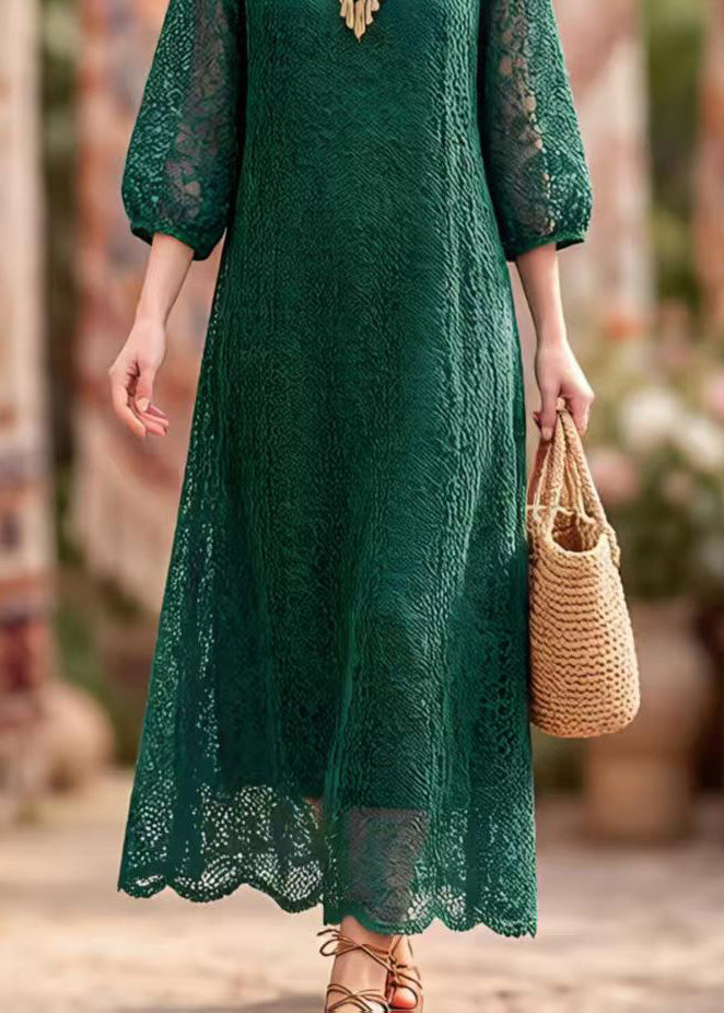 Blackish Green O Neck Hollow Out Lace Dresses Summer
