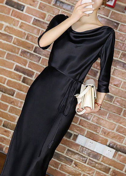 Blackish Green Slash Neck Tie Waist Silk Long Dresses Half Sleeve