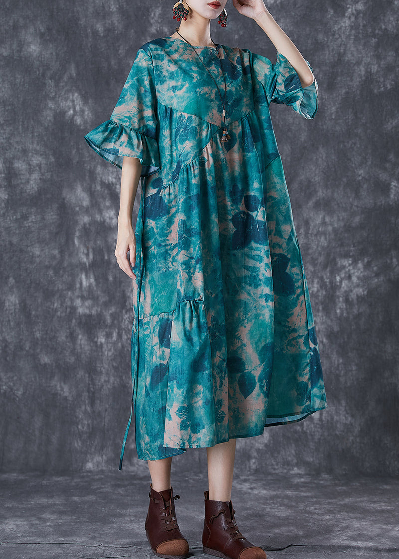 Blackish Green Tie Dye Wrinkled Cotton Dress Summer