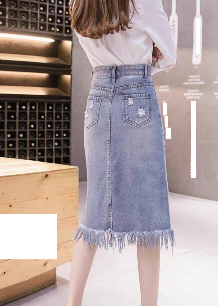 Blue Asymmetrical Patchwork Tassel Hole Denim Skirts Summer