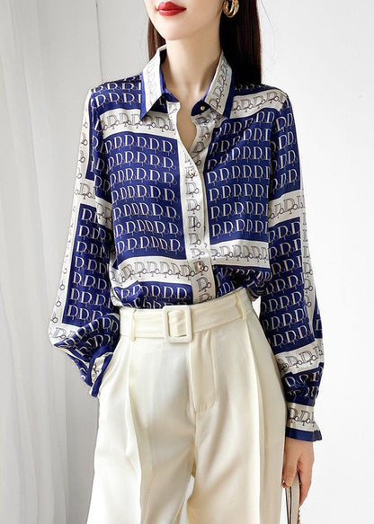 Blue Bow Print Wrinkled Silk Blouse Tops Spring