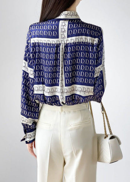 Blue Bow Print Wrinkled Silk Blouse Tops Spring