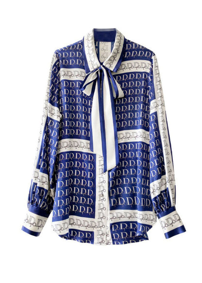 Blue Bow Print Wrinkled Silk Blouse Tops Spring