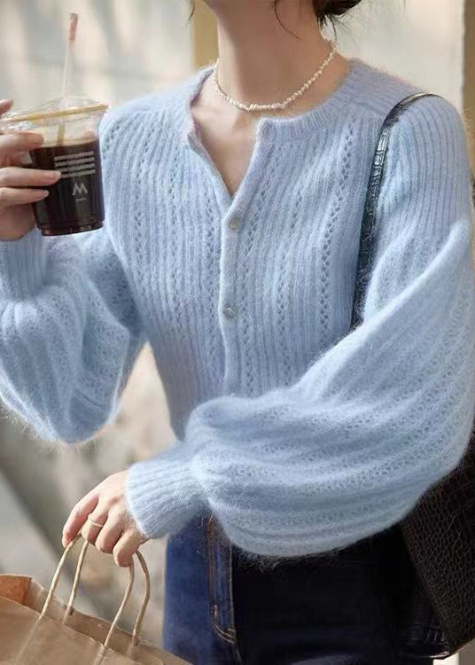 Blue Button Hollow Out Ma Hai Mao Sweaters Lantern Sleeve