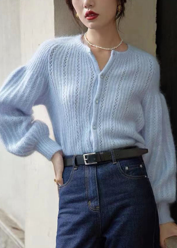 Blue Button Hollow Out Ma Hai Mao Sweaters Lantern Sleeve