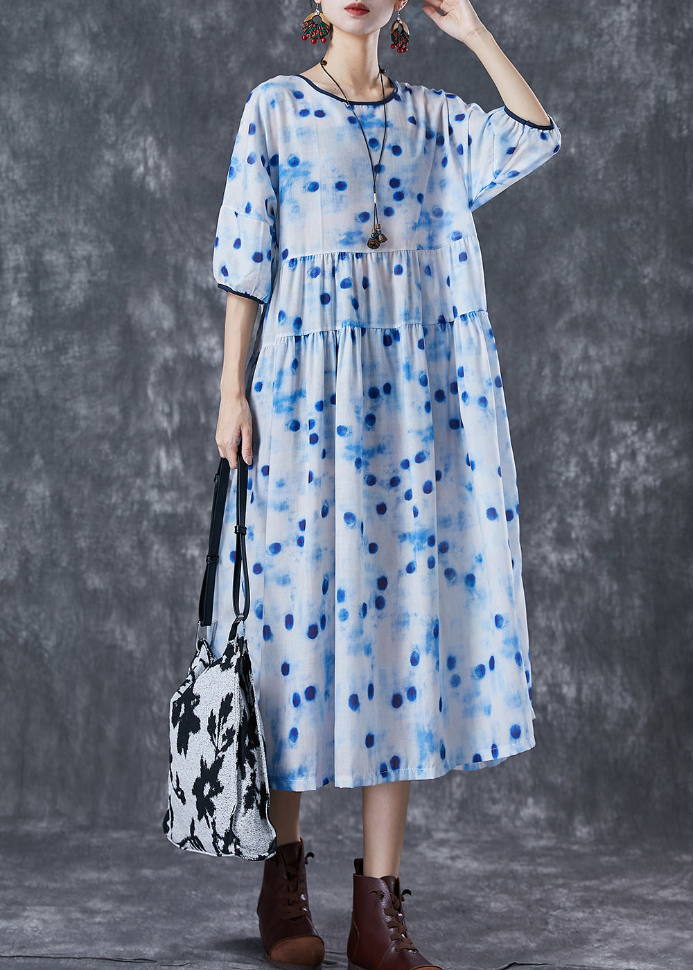 Blue Dot Oversized Patchwork Linen Maxi Dresses Summer