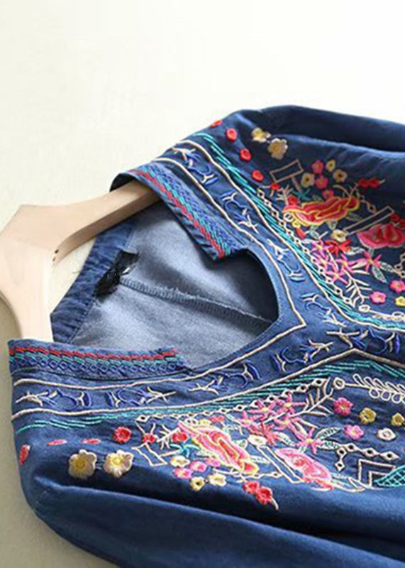 Blue Embroidered Side Open Denim Dresses Summer