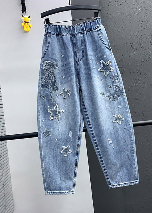 Blue Embroideried Pockets Elastic Waist Denim Crop Pants Summer