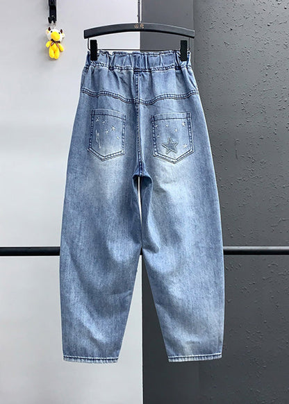 Blue Embroideried Pockets Elastic Waist Denim Crop Pants Summer