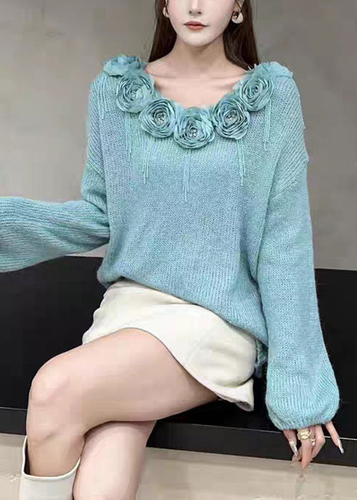 Blue Zircon Patchwork Knit Sweaters Fall