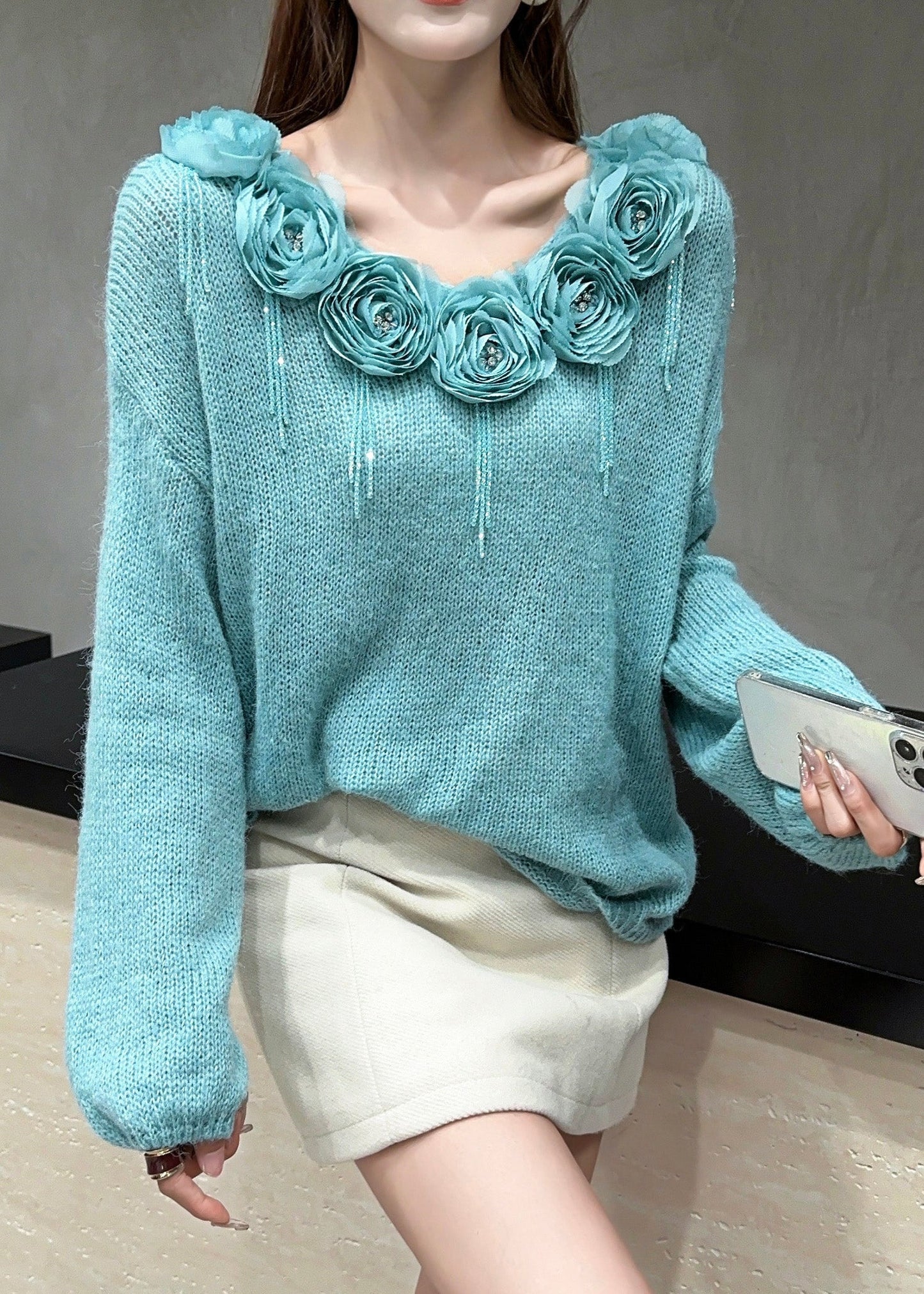 Blue Zircon Patchwork Knit Sweaters Fall