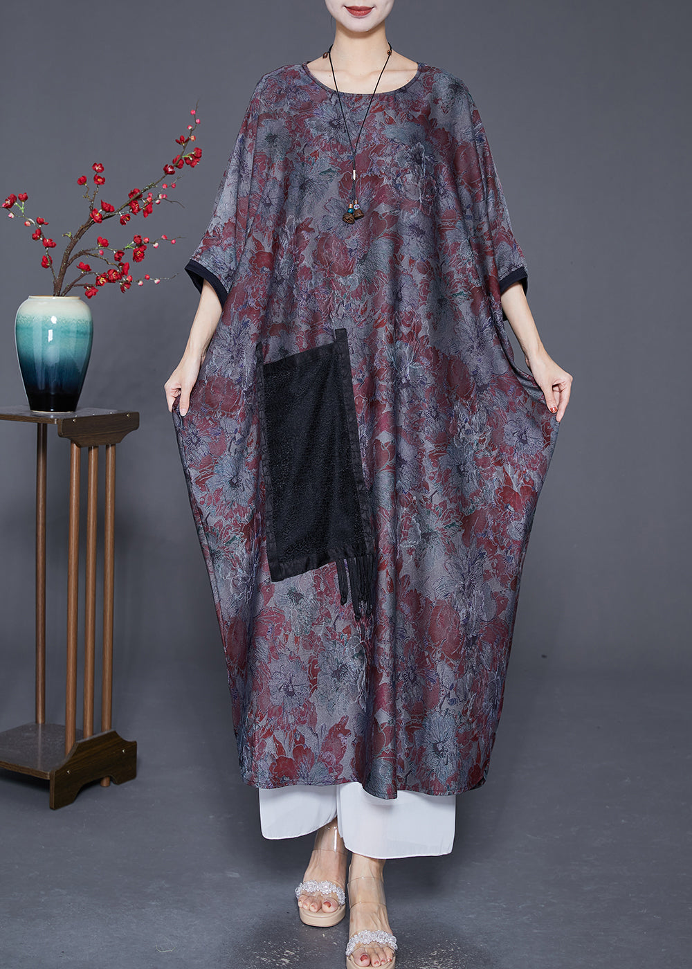 Blue Grey Oversized Patchwork Tassel Silk Dresses Batwing Sleeve