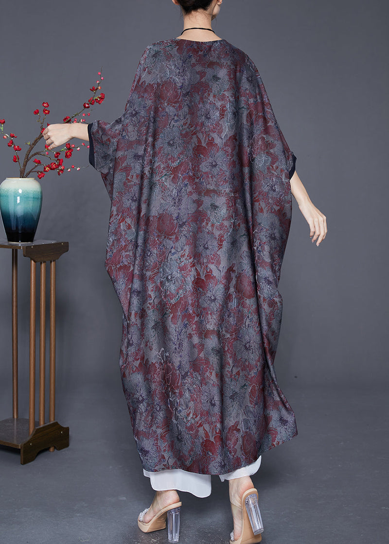 Blue Grey Oversized Patchwork Tassel Silk Dresses Batwing Sleeve