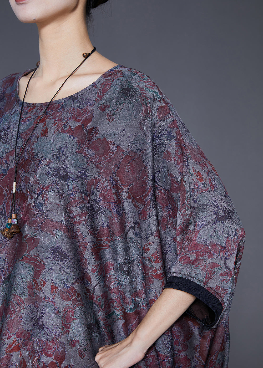 Blue Grey Oversized Patchwork Tassel Silk Dresses Batwing Sleeve