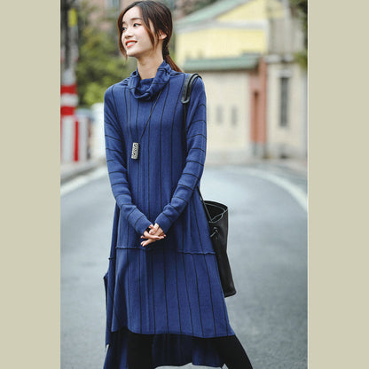 Blue High Neck Loose Sweater Dresses for
