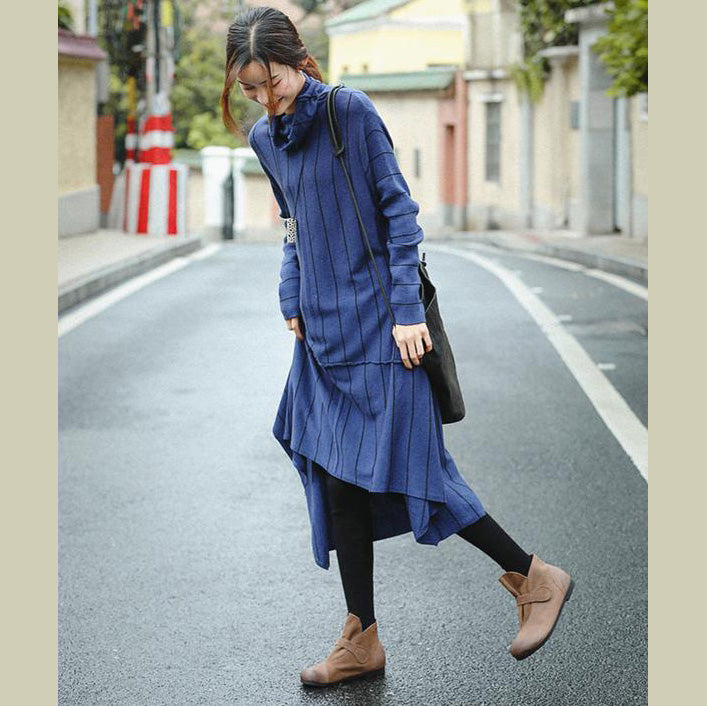 Blue High Neck Loose Sweater Dresses for