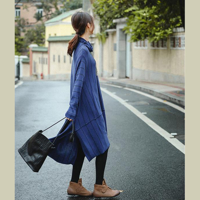 Blue High Neck Loose Sweater Dresses for