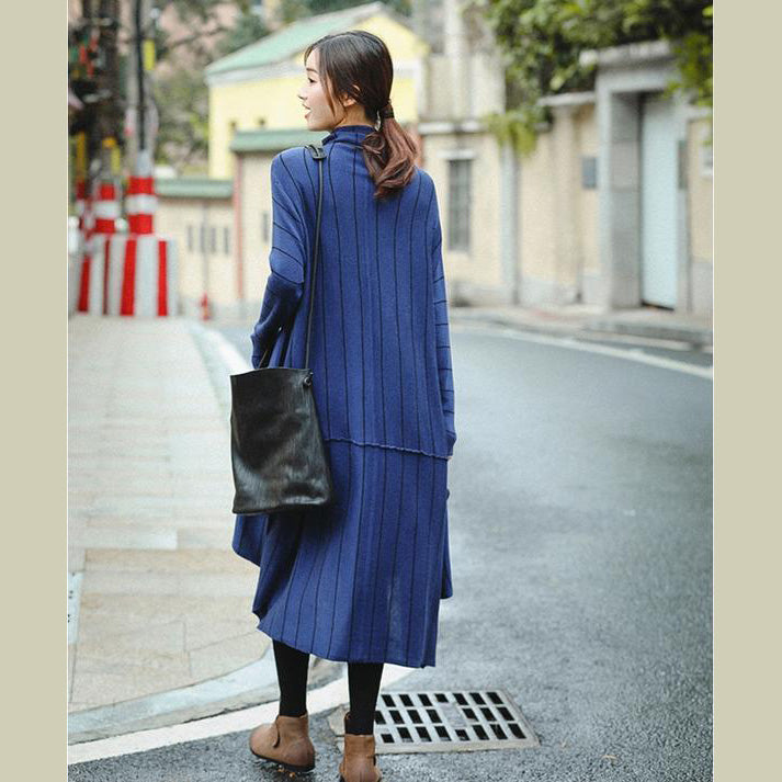 Blue High Neck Loose Sweater Dresses for
