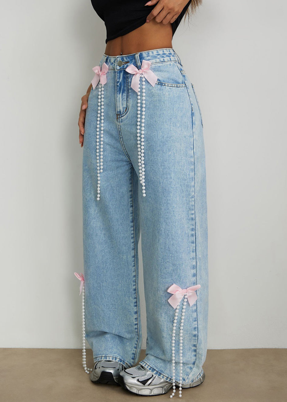 Blue High Waist Bow Pearl Tassel Wide Leg Jeans