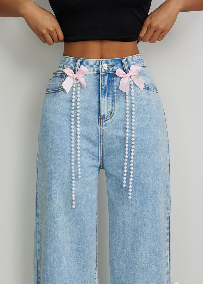 Blue High Waist Bow Pearl Tassel Wide Leg Jeans