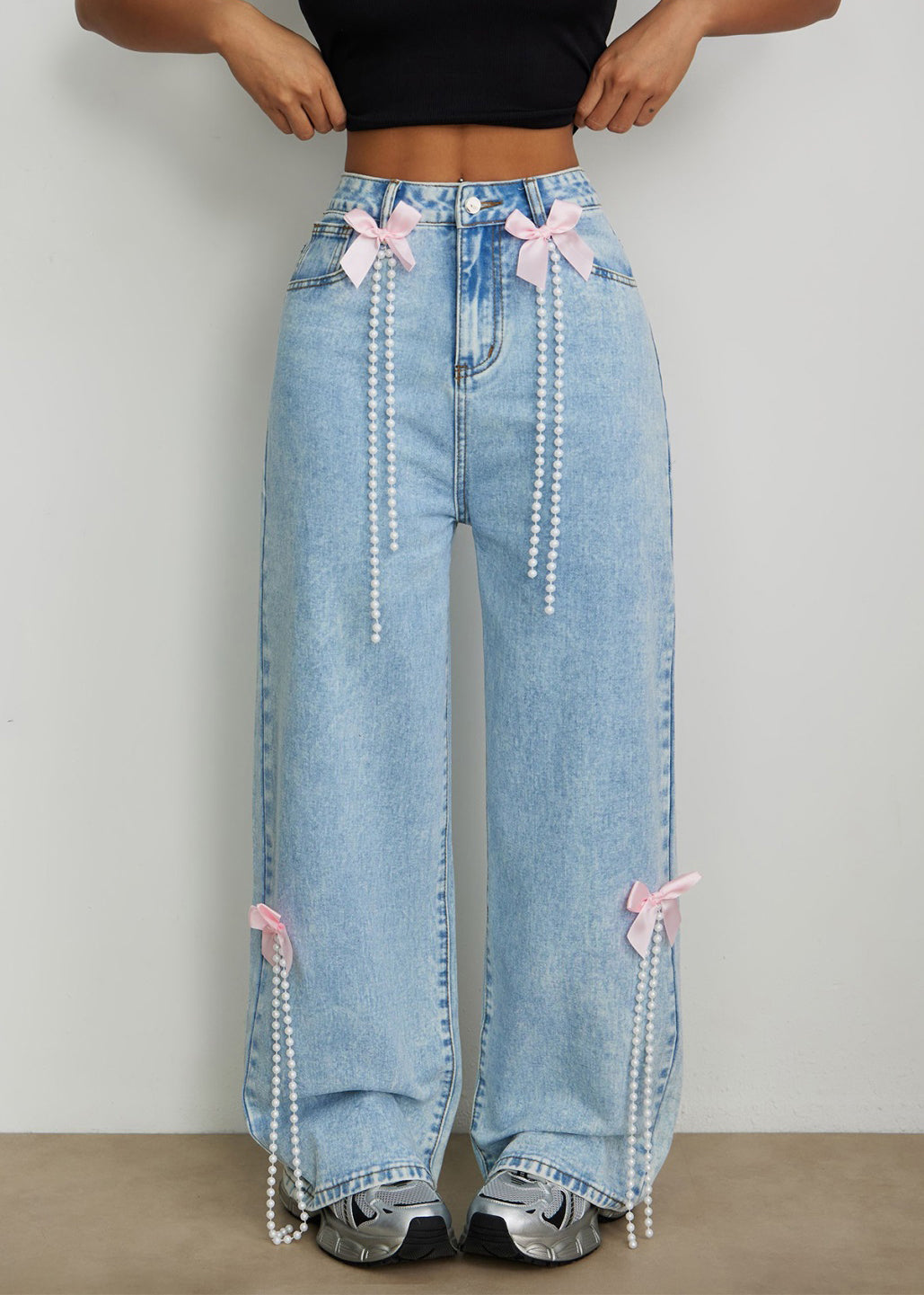 Blue High Waist Bow Pearl Tassel Wide Leg Jeans