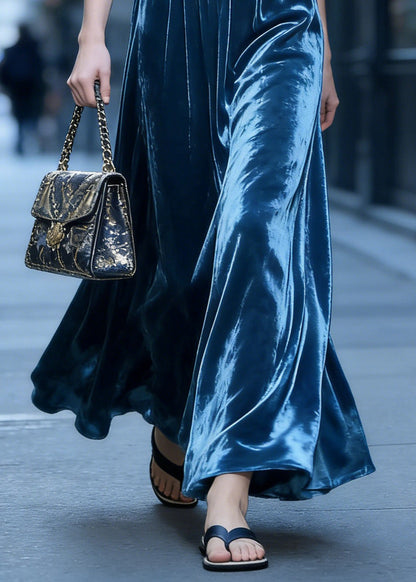 Blue High Waist Exra Large Hem Velvet Skirt Spring