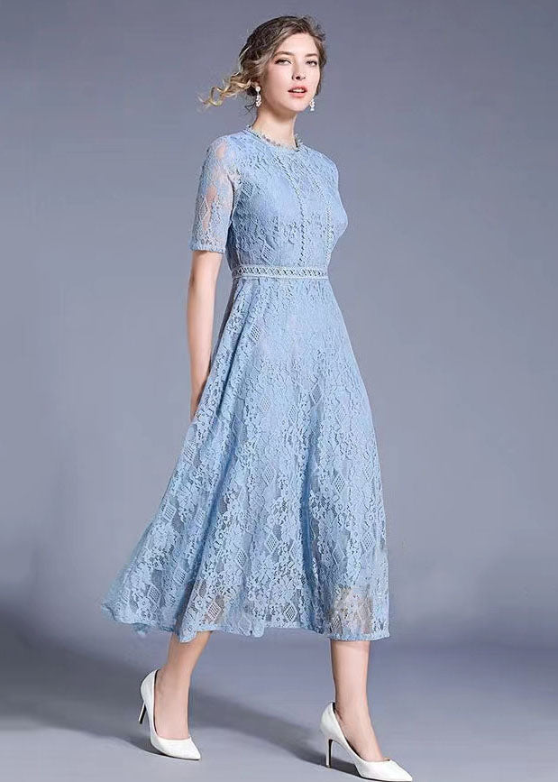 Blue Hollow Out Embroideried Patchwork Lace Long Dresses Summer