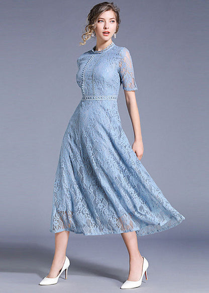 Blue Hollow Out Embroideried Patchwork Lace Long Dresses Summer