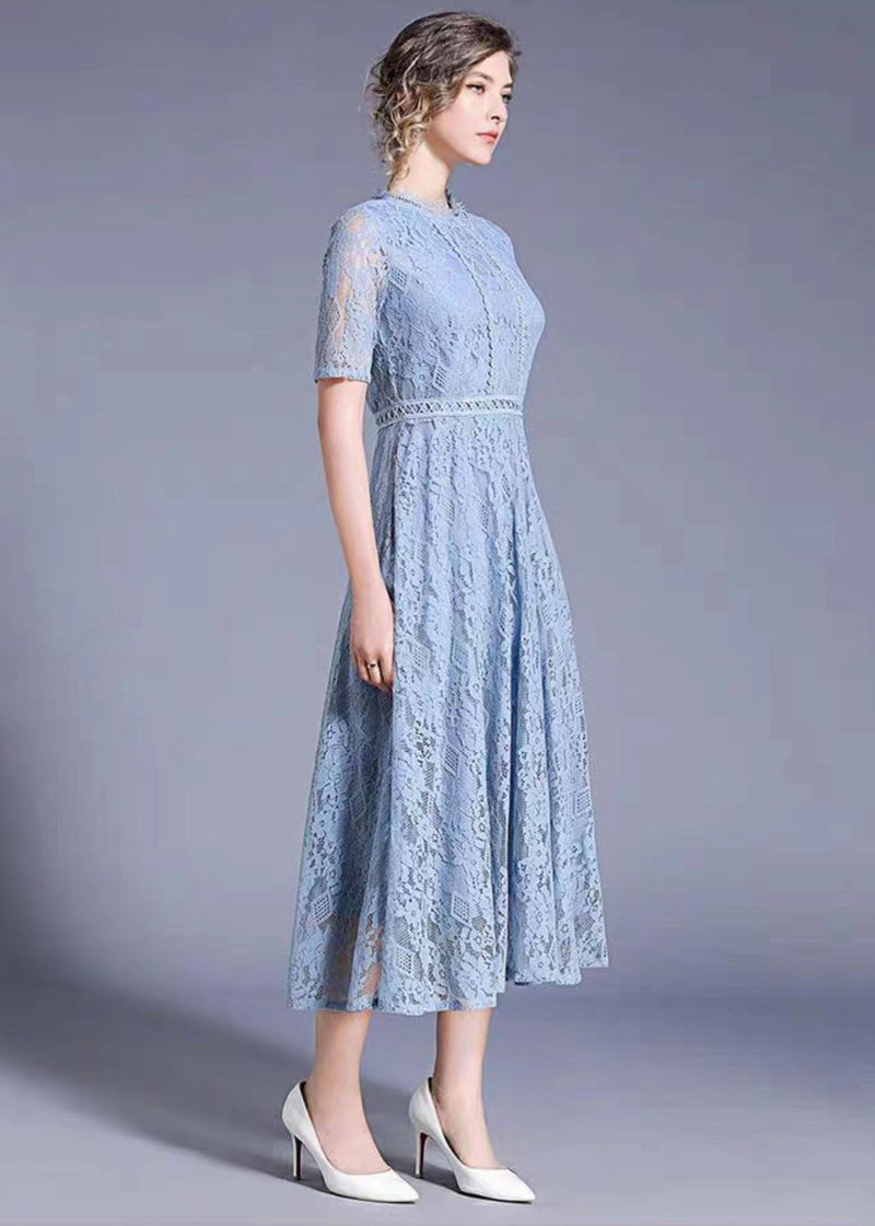 Blue Hollow Out Embroideried Patchwork Lace Long Dresses Summer