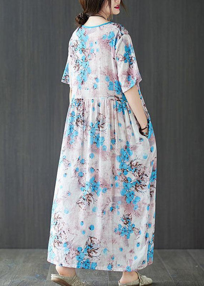 Blue Loose Patchwork Pockets Summer Vacation Dress Short Sleeve