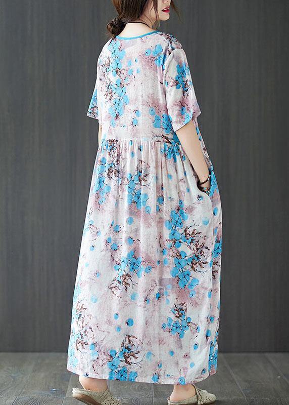 Blue Loose Patchwork Pockets Summer Vacation Dress Short Sleeve
