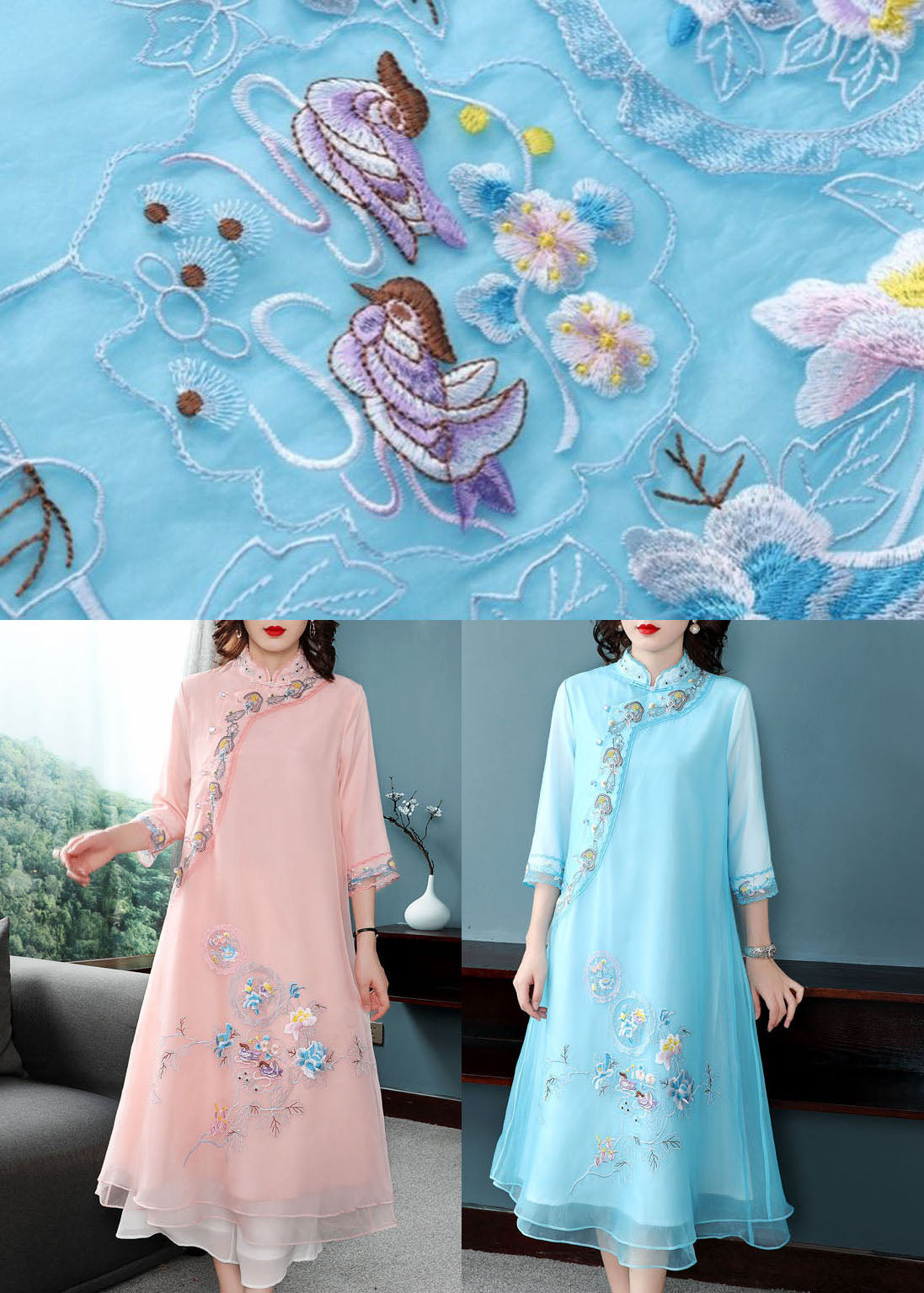 Blue Mandarin Collar Embroideried Chiffon a Line Dresses Bracelet Sleeve