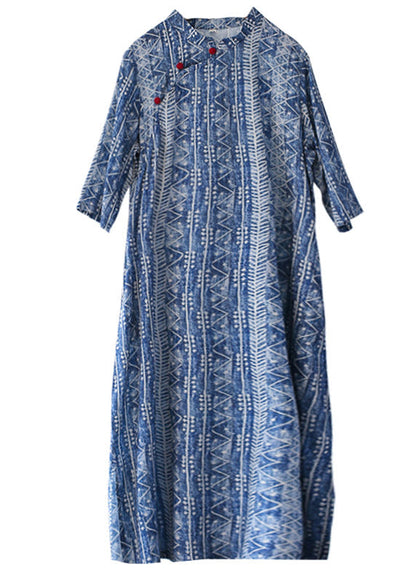 Blue Mandarin Collar Side Open Print Cheongsam Dress Half Sleeve
