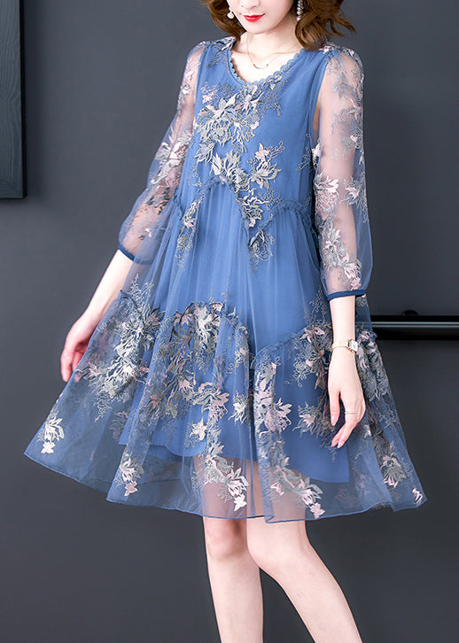 Blue O-neck Embroideried Patchwork Tulle Vacation Dresses Half Sleeve