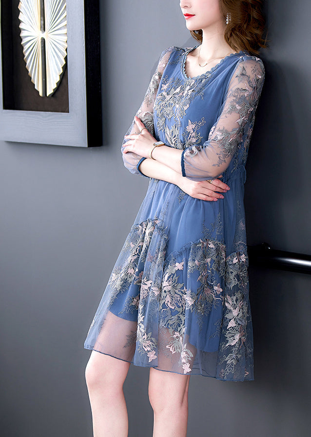 Blue O-neck Embroideried Patchwork Tulle Vacation Dresses Half Sleeve