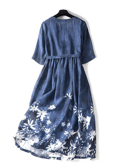 Blue O-neck Print Tie Waist Cotton Long Dresses Short Sleeve