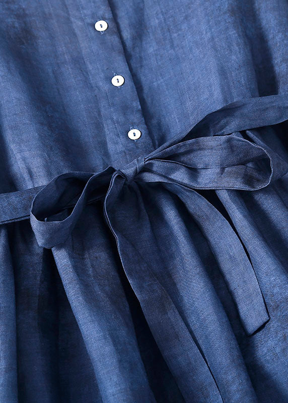 Blue O-neck Print Tie Waist Cotton Long Dresses Short Sleeve