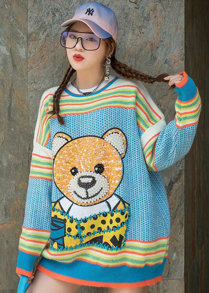 Blue O-neck Nail Bead Patchwork Fall Loose Sweater