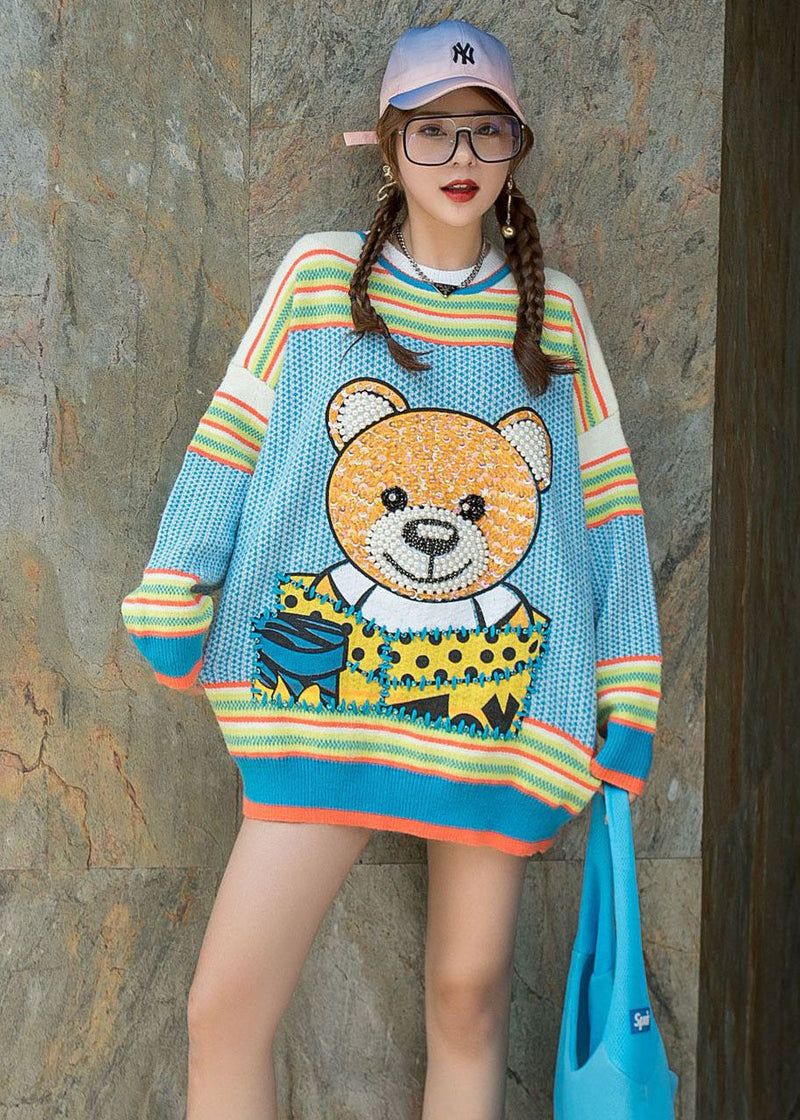 Blue O-neck Nail Bead Patchwork Fall Loose Sweater