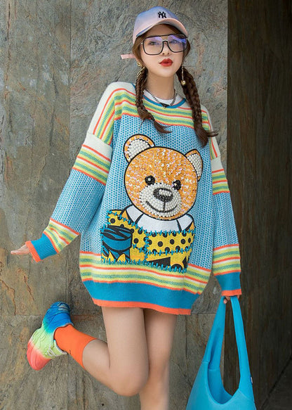 Blue O-neck Nail Bead Patchwork Fall Loose Sweater